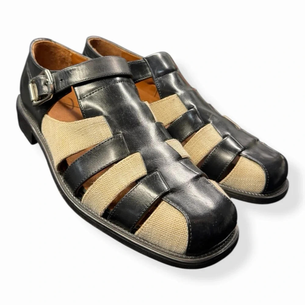 Brass Boot Mens Black Leather Canvas Fisherman Sandals Buckle Shoes 9.5M